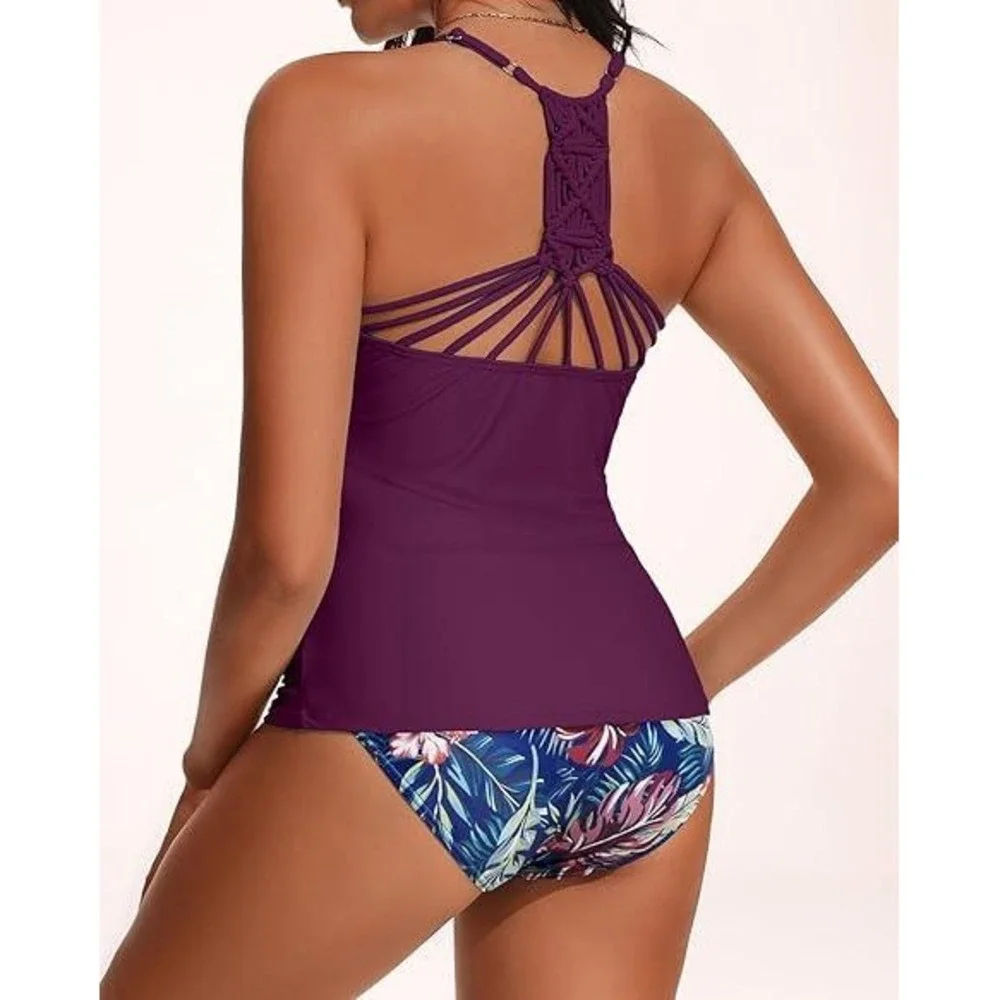 Holipick Tankini Swimsuit Set Plum Purple Macrame Racerback‎ Floral Bottoms NWT